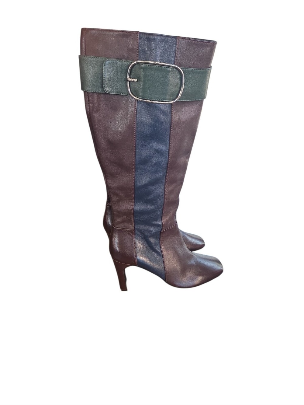 Geox Size 8 Women's High-Heel Leather Knee Boots with Green Buckle Strap NEW